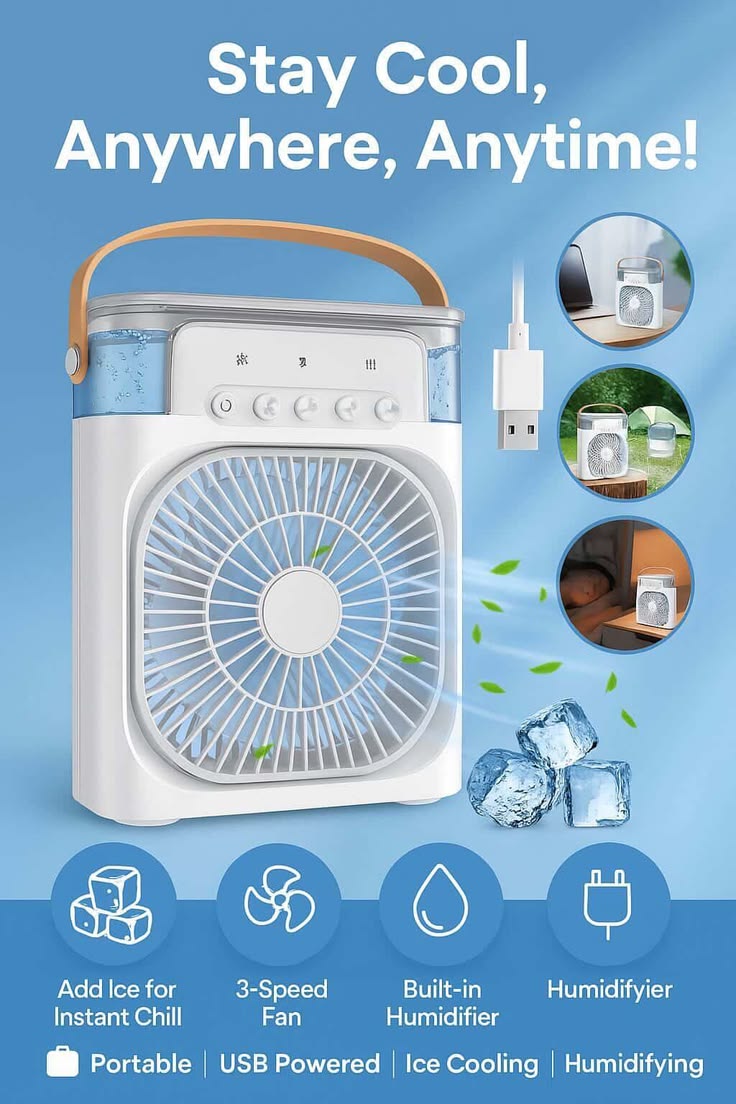 Portable Air Conditioner Mist Fan Big Size 3-in-1 Mini AC Fan for Room Air Cooler with Ice